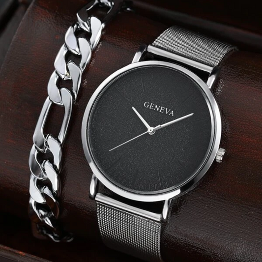 Unisex Mesh Strap Quartz Watch and Chain Braclet Gift Set